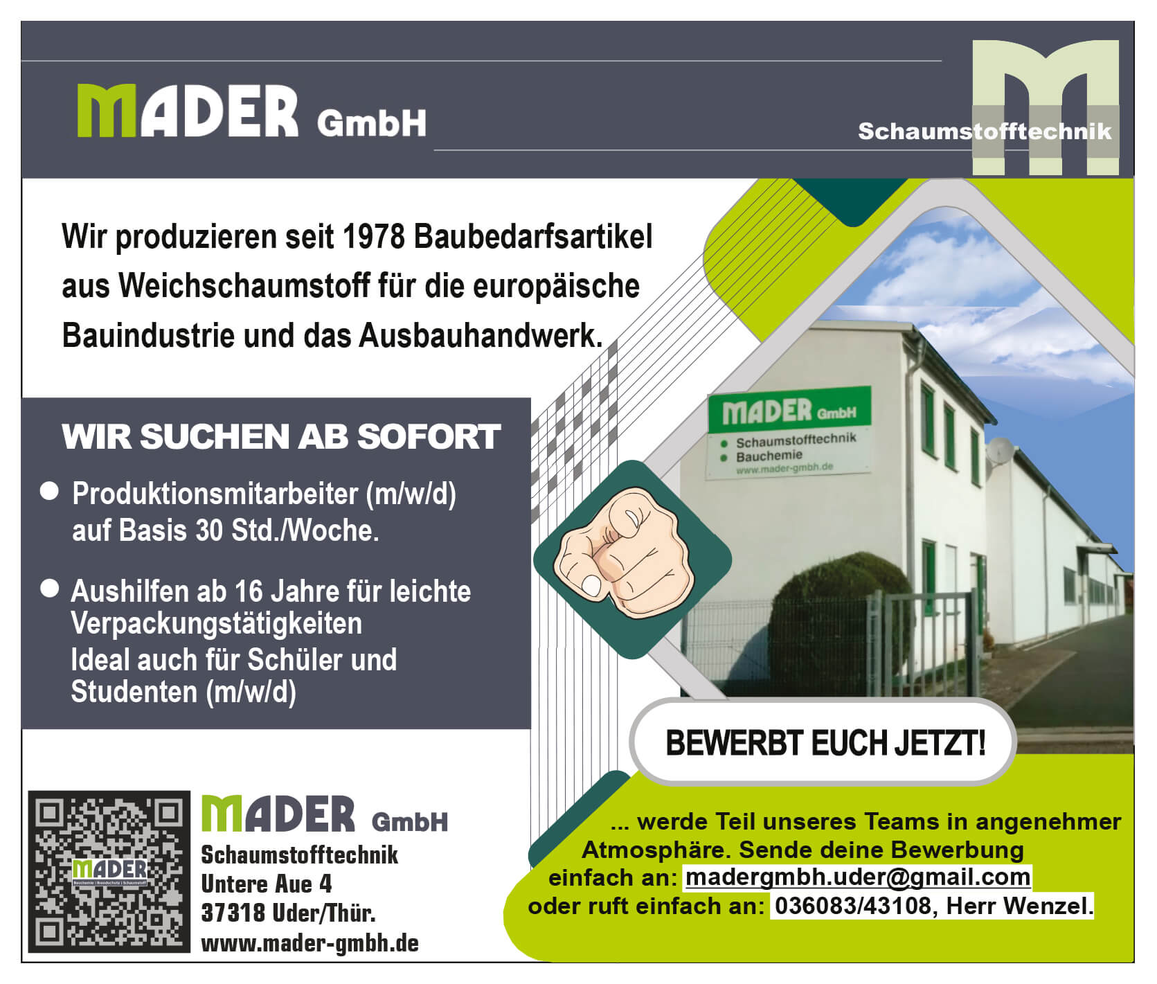 Stellenanzeige Produktionsmitarbeiter und Aushilfen bei Mader Stellenanzeige Produktionsmitarbeiter und Aushilfen bei Mader